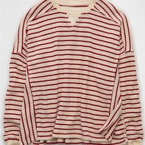 American Eagle Outfitters Red and Cream Crew Neck Striped Waffle Sweatshirt